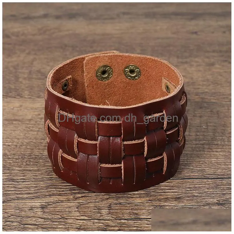 motorcycle wide weave cross leather bangle cuff multilayer wrap button adjustable bracelet wristand for men women fashion jewelry