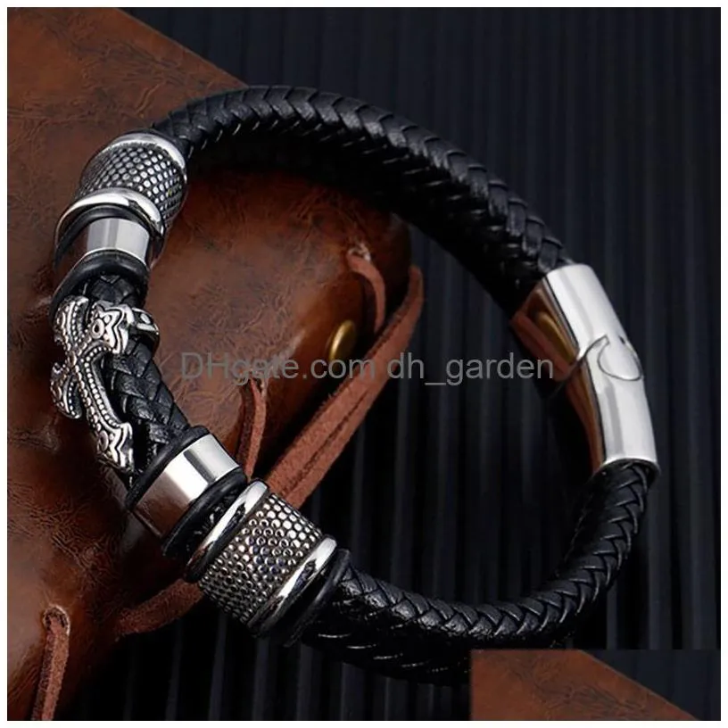 leather woven cross mens bracelet stainless steel button mens hip hop bracelets wristband bangle cuff fashion jewelry gift