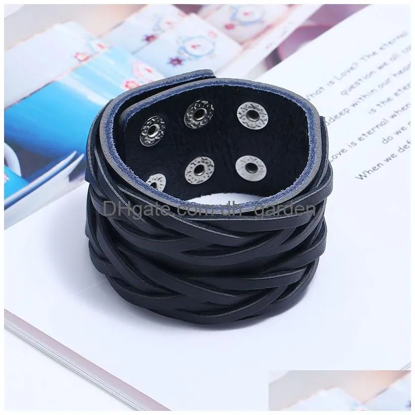 weave braid wide cross leather bangle cuff multilayer wrap button adjustable bracelet wristand for men women fashion jewelry black