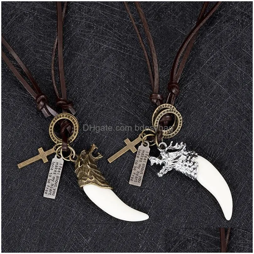 bronze animal tooth necklace wolf retro letter id cross charm adjustable leather chain necklaces for women men hip hop fashion jewelry