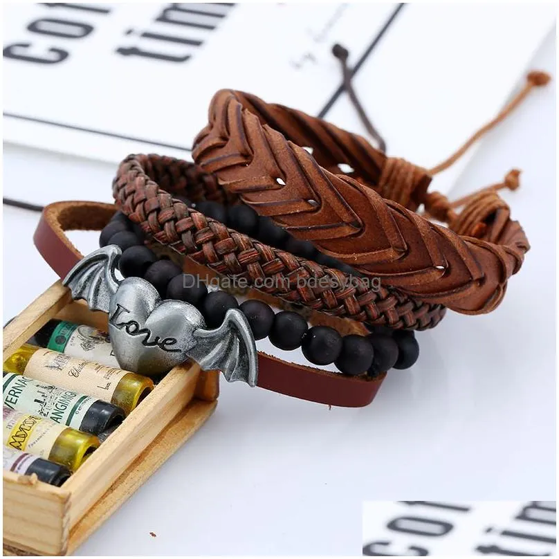 men punk metal love heart wings charm bracelets diy handmade braided leather multilayer chains bracelet maxi statement fashion jewelry drop