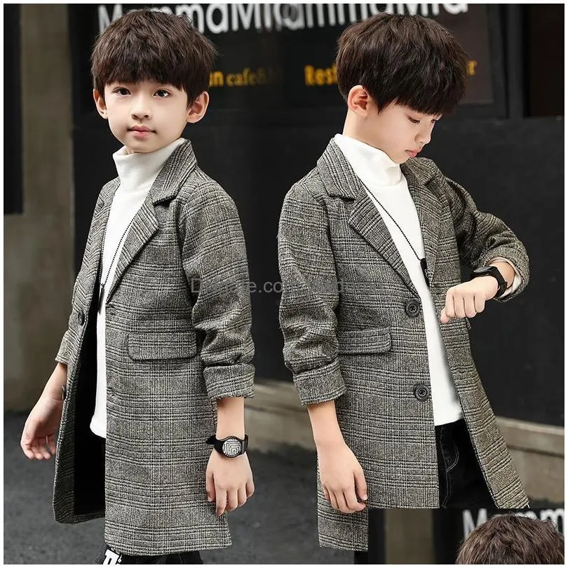 coat winter grid jackets boys woolen singlebreasted baby trench lapel autumn kids outerwear coats spring wool overcoat p05 230926