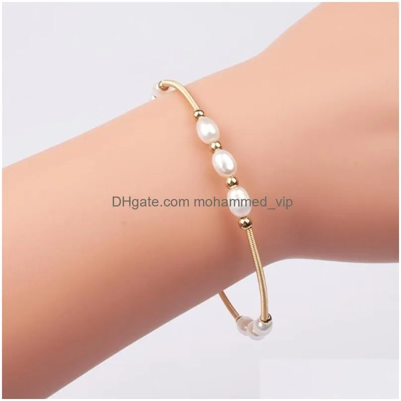 charm bracelets natural freshwater pearls gold plated bangle for women party gift jewelry rice abg119charm