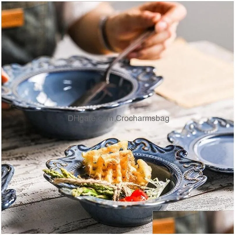 blue and white antique relief ceramic dinner plate set porcelain main dish serving tray dessert salad dishes tableware 1 pc 201217