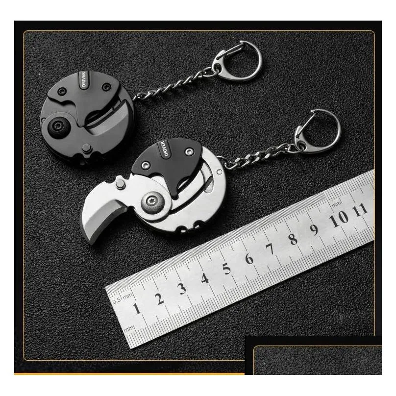 hooks rails stainless steel coin-shape mini edc tool folding pocket keychain knife with hanging chain for camping outdoor survival