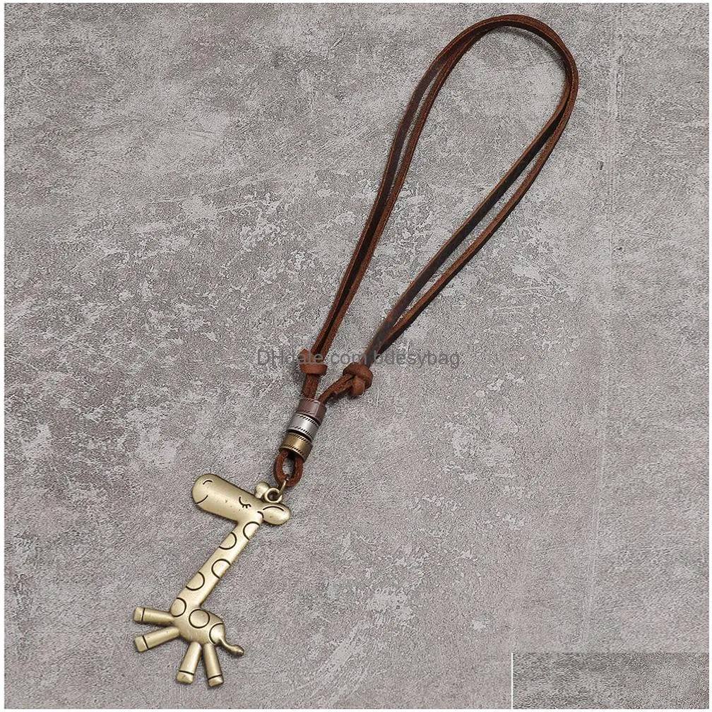 bronze animal giraffe necklace pendant adjustable chain leather necklaces for women men hip hop fashion jewelry gift