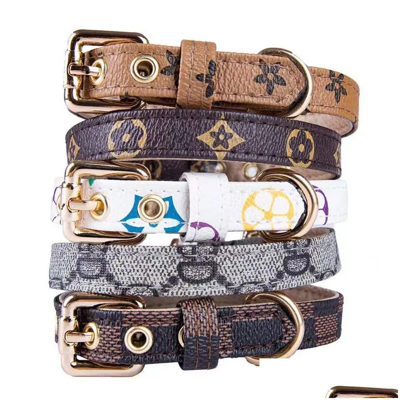collar two layers of leather dog collars leashes set classic printed designer pet collar leash soft durable cat collar for small medium and large