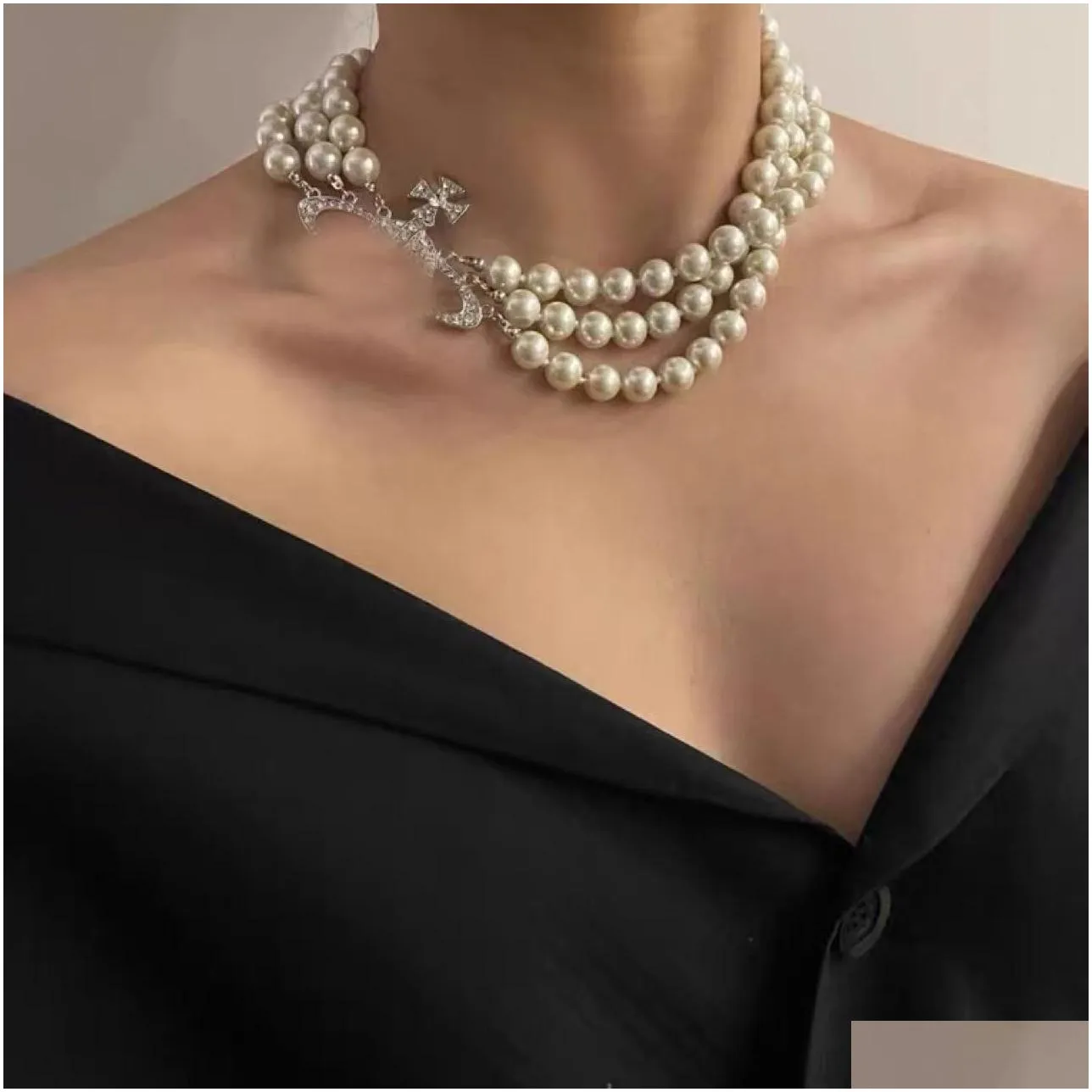 designer multilayer pearl rhinestone orbit necklace clavicle chain baroque pearl necklaces for women jewelry gift