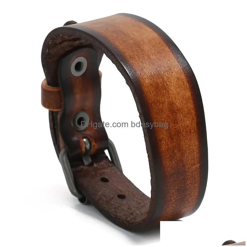 ancient old pin buckle belt leather bangle cuff wide adjustable bracelet wristand for men women fashion jewelry