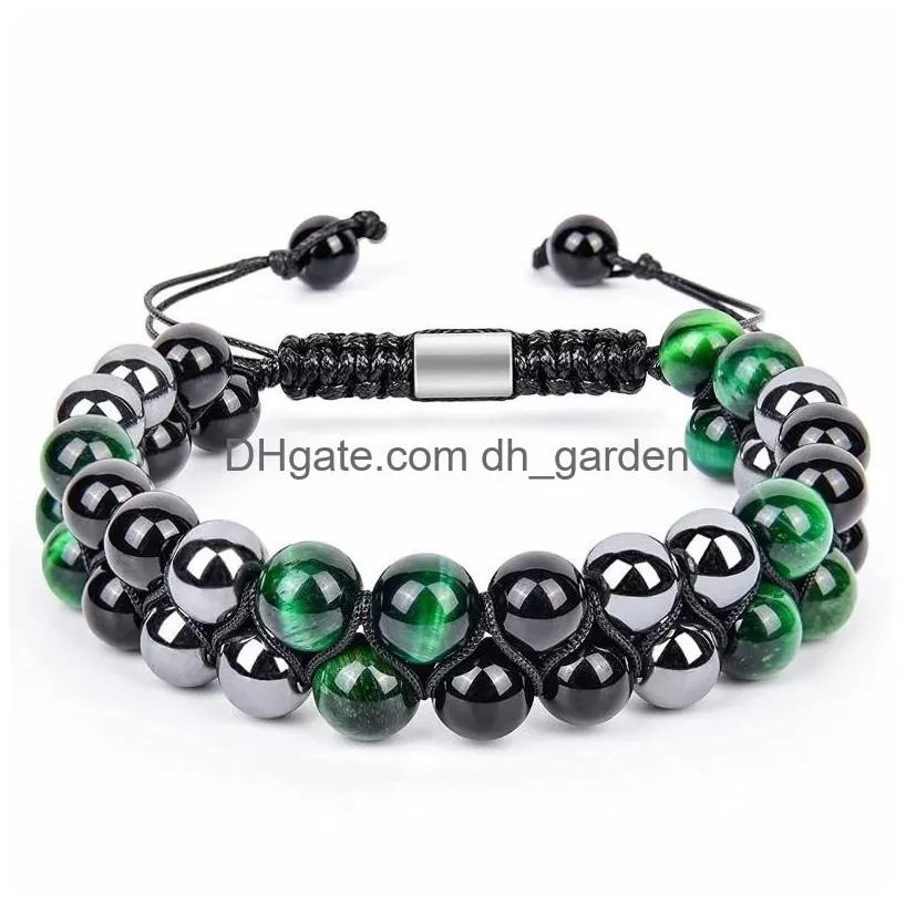 braided 8mm black onyx hematite green tiger eye natural stone bracelet double woven adjustable gemstone beaded bracelets wristband men women