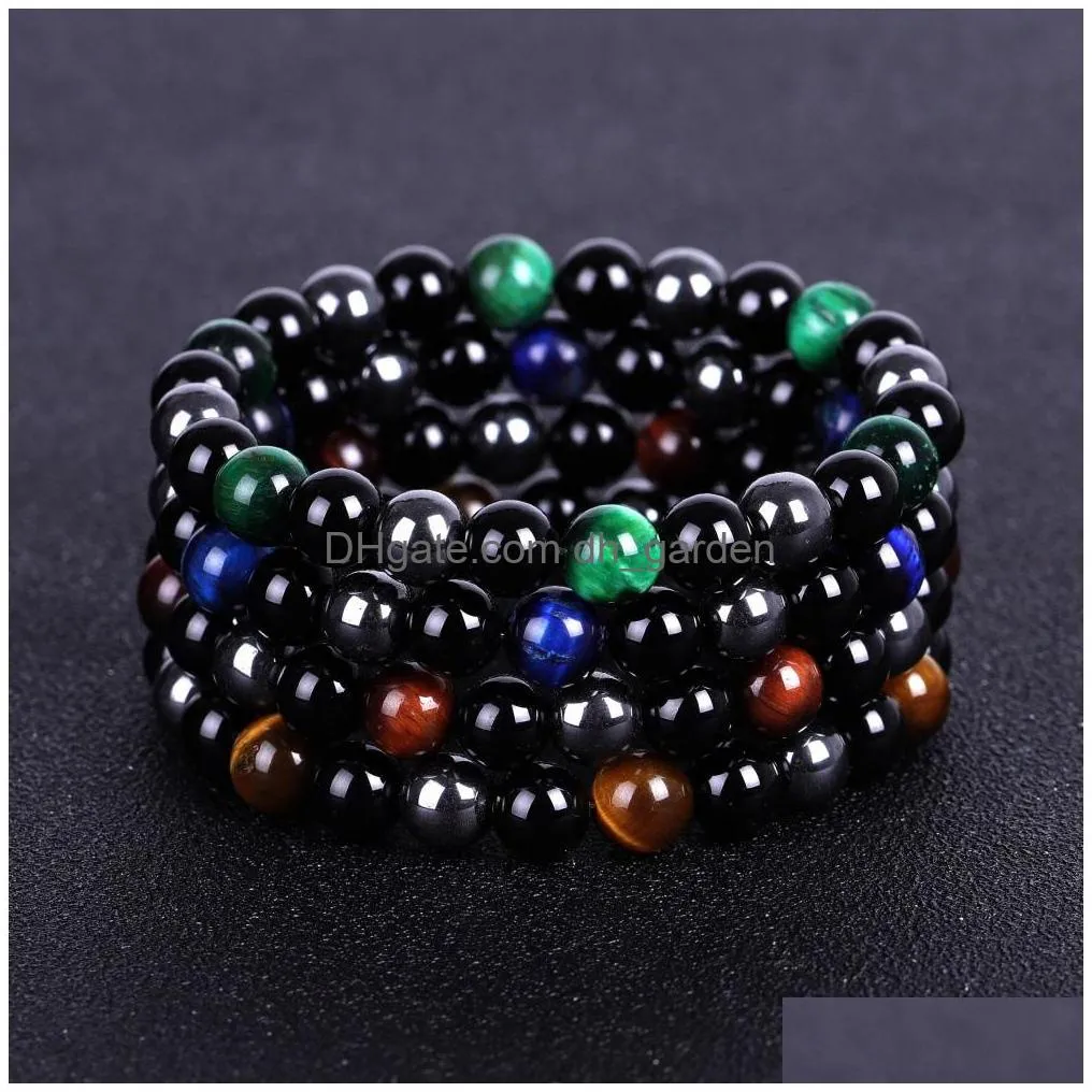 strand three-color hematite tiger eye black onyx bracelet natural stone bead bracelets wristband for men women fashion jewelry