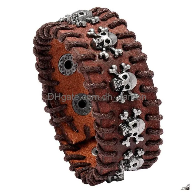 punk knit skull bracelets leather bangle cuff button adjustable multilayer wrap bracelet wristand for men women will and sandy fashion