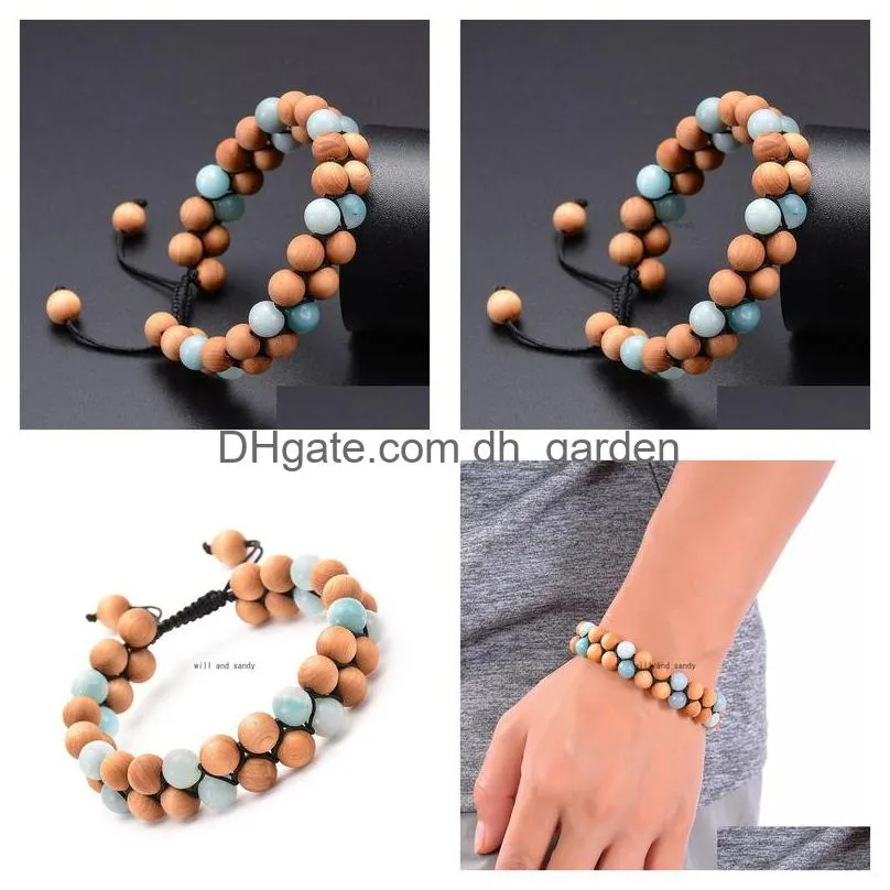 vintage amazonite wooden beads double row bracelet stone braided adjustable bracelets bangle cuff women men fashion jewelry will and