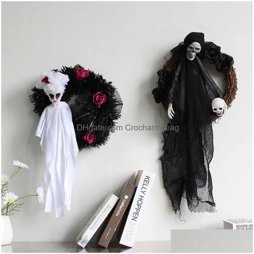 halloween black white ghost door hanging ghost festival horror party wreath ghost head ornaments haunted house decoration props q0179e