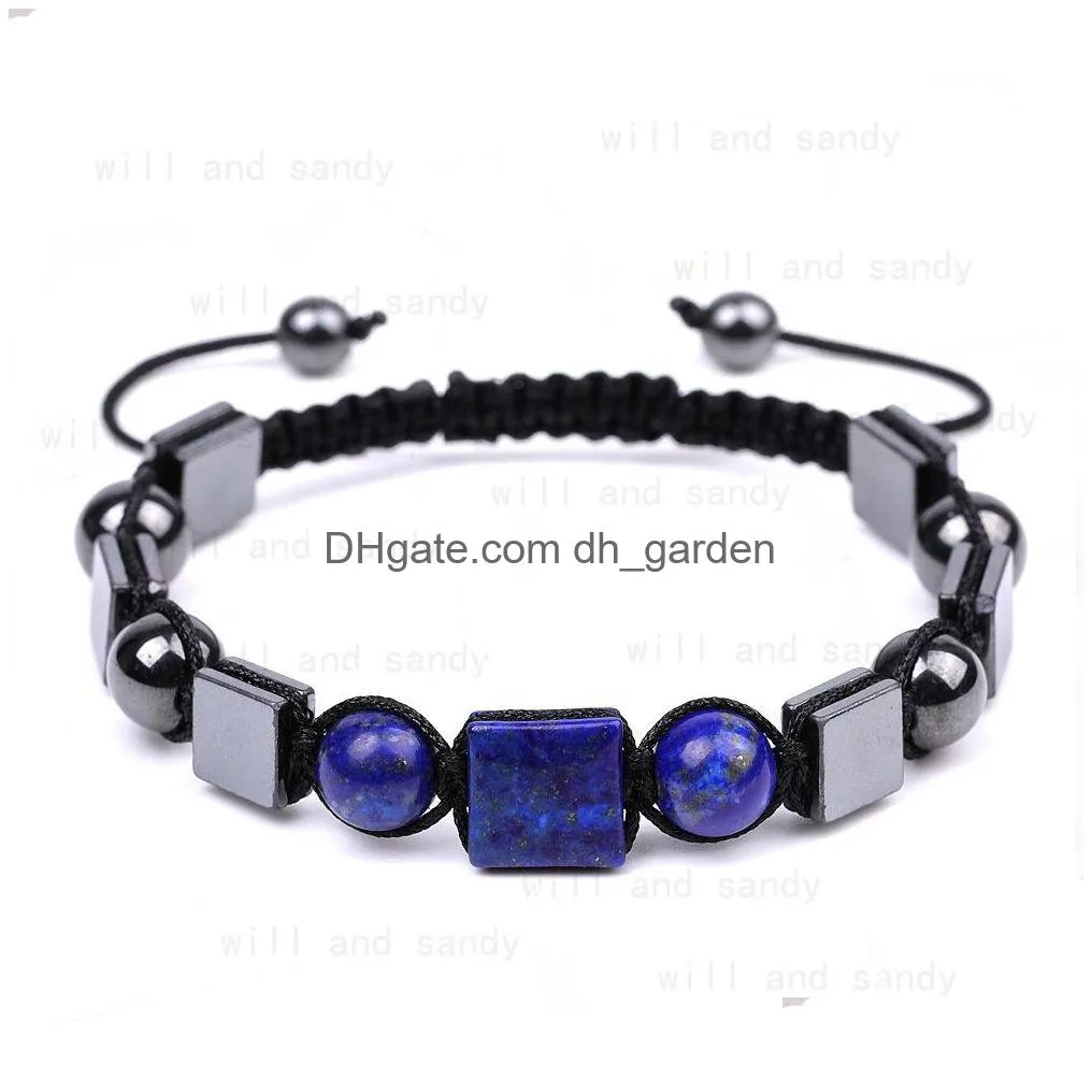 square natural stone beaded strand bracelet string adjustable braided amethyst lapis rhodolite bracelets wristband for men women fashion