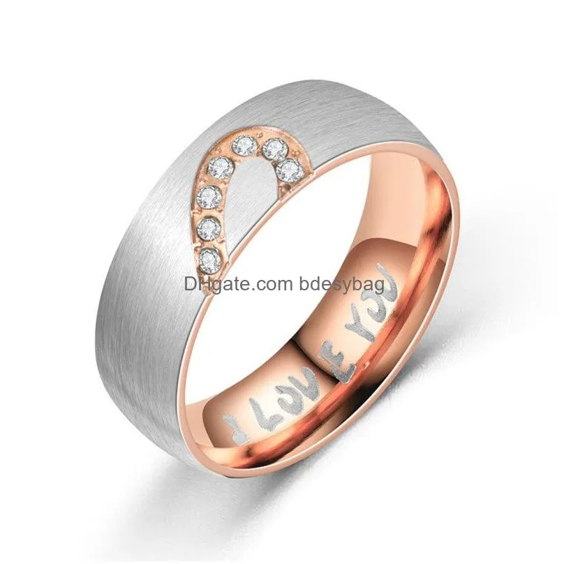 stainless steel i love you ring band diamond half heart couple rings engagement wedding women mens fashion jewelry will and sandy drop