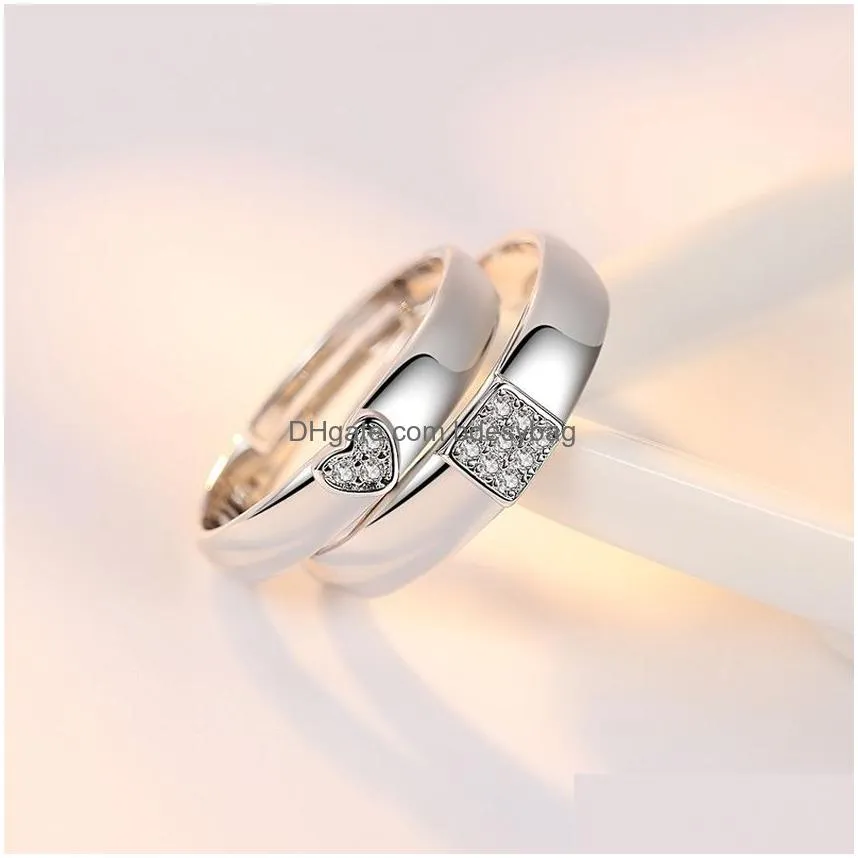 couple square heart diamond cluster rings crystal silver openable adjustable engagement wedding ring for wome men fashion jewelry
