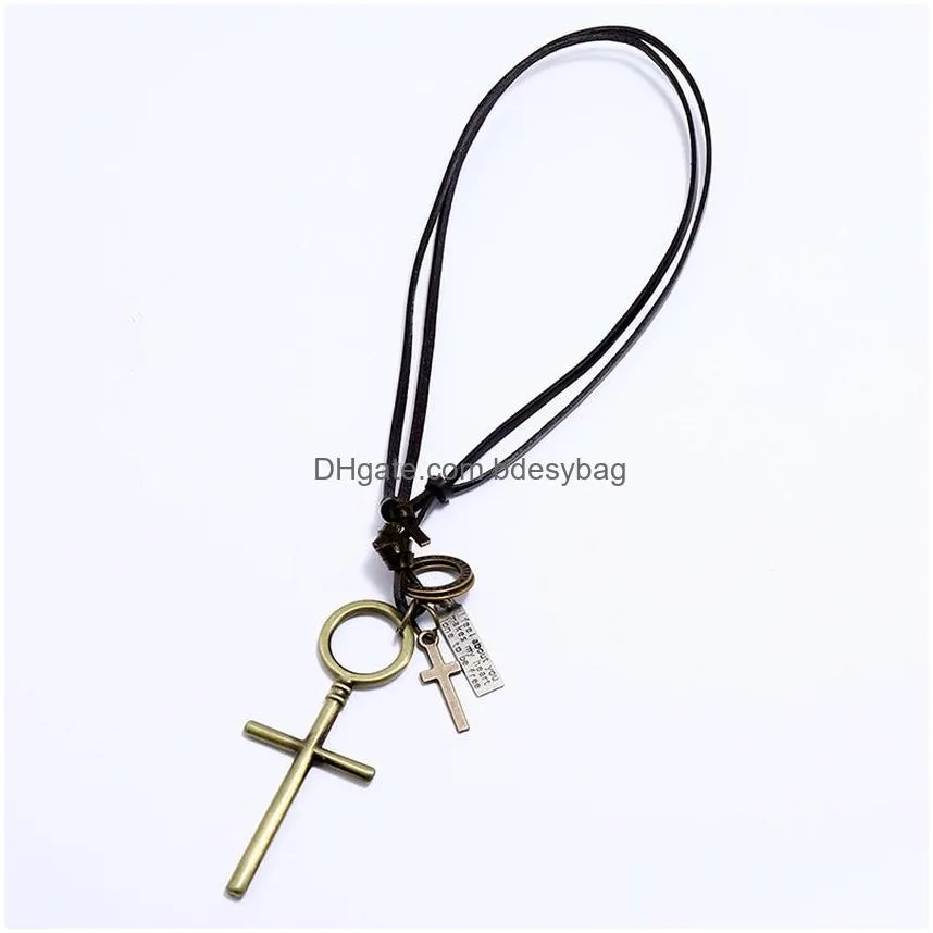 simple jesus cross pendant necklace ring id charm adjustable chain leather necklaces for women men punk fashion jewelry gift