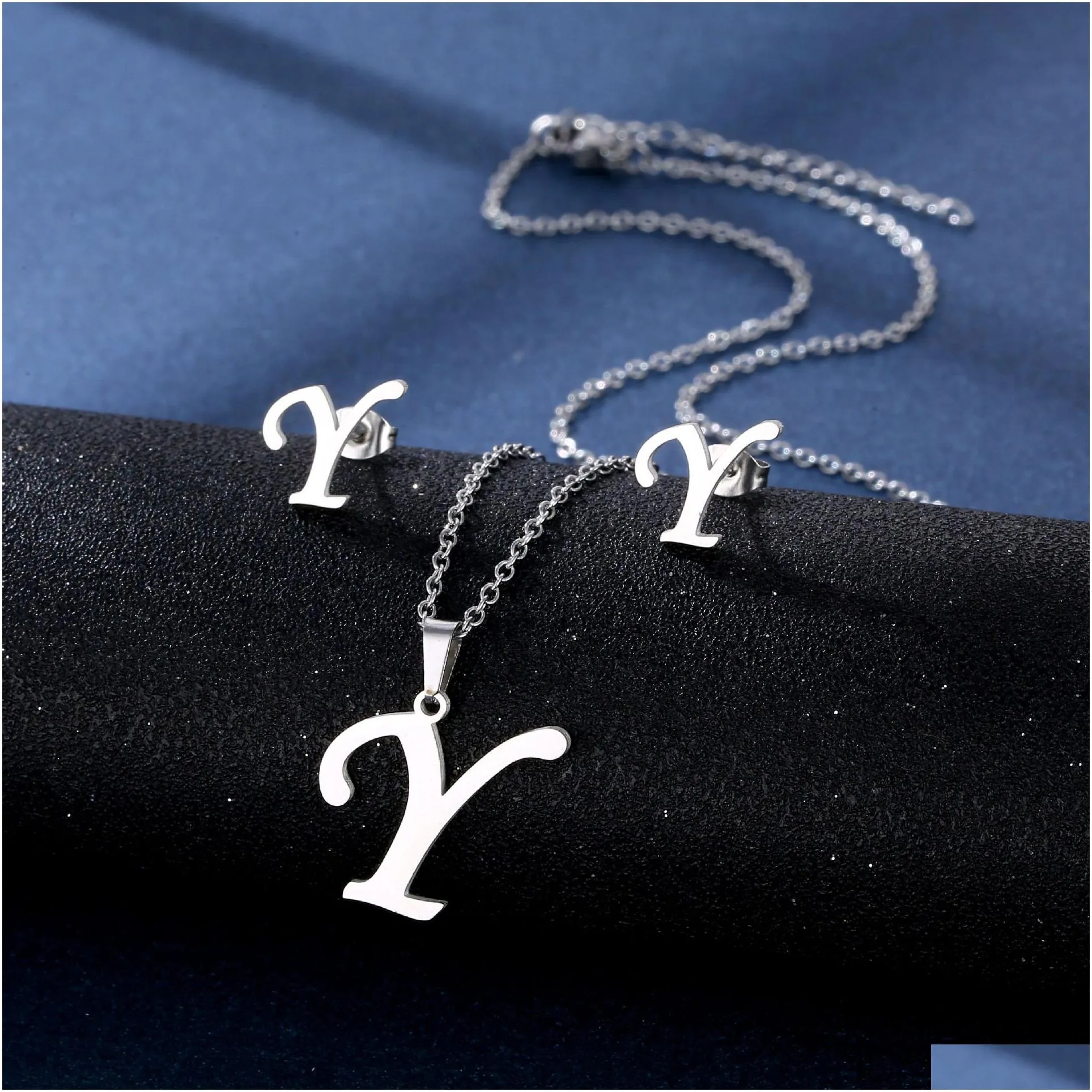 Earrings Necklace 26 English Alphabet Stud Set Fashion Jewelry For Men And Women Stainless Steel Clavicle Chain Gift Drop Delivery S Otqtm