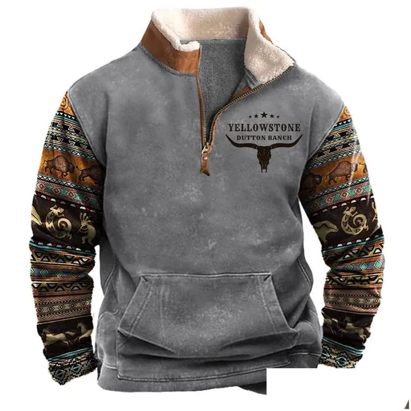 mens hoodies sweatshirts vintage pattern print wool lapel men casual loose long sleeve zipper pullover spring clothes leisure tops