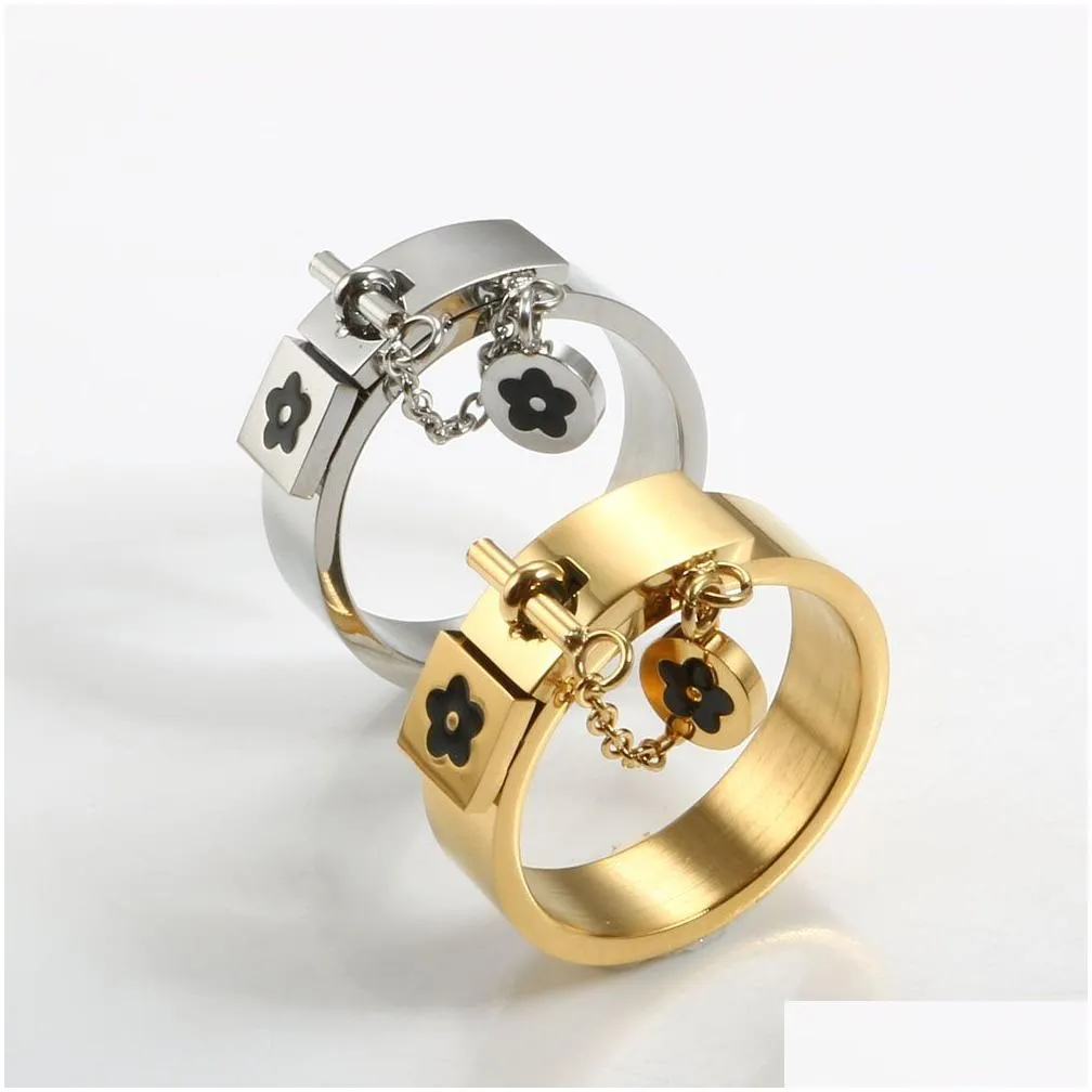 fashion lucky flower charm with chain ring gold/sliver stainless steel love promise finger rings for women men jewelry gift