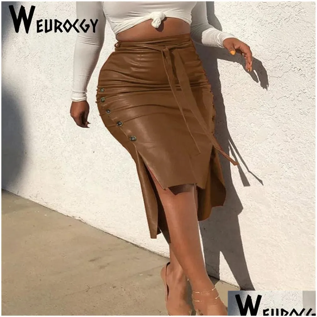 fashion women solid color high waist pu leather midi skirt lace up side button slim skinny pencil for ladies streetwear 231005