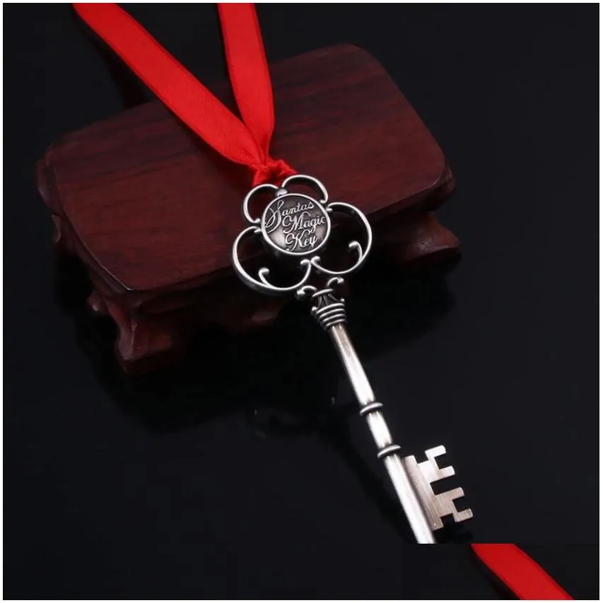 monogram santas magic key claus keychain shaped christmas ornaments decorations halloween snowflake ribbon wand gifts xmas pendant alloy necklace with red