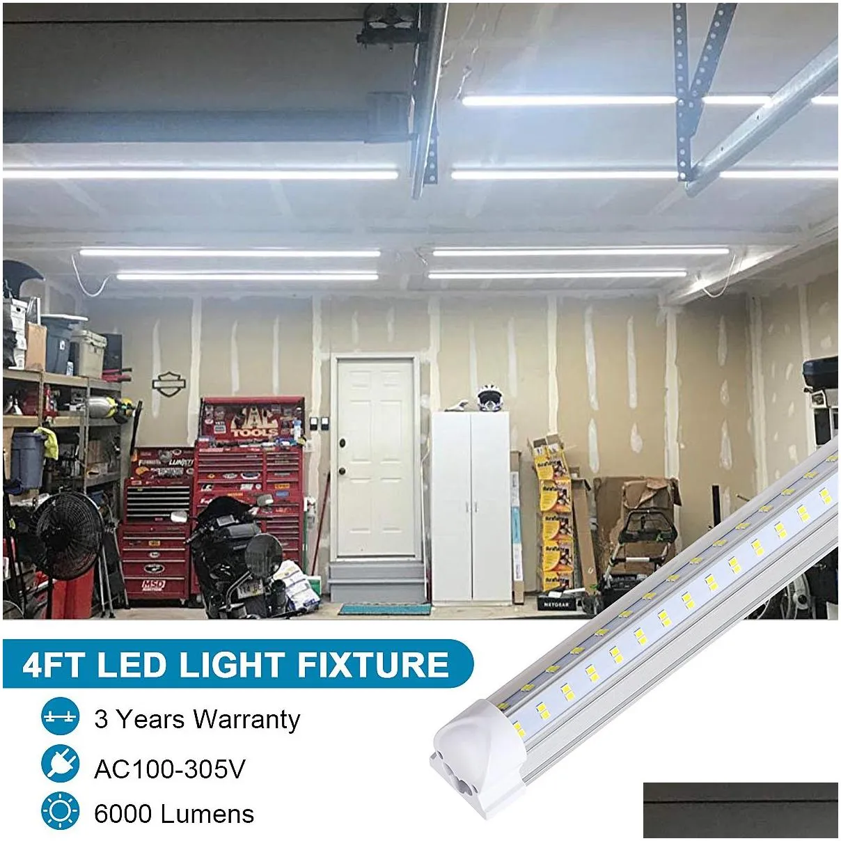 25pcs t8 led shop light fixture 4ft 60w 6000k cold white clear lens cover double side 4 rows v shape integrated bulb lamp led cooler door