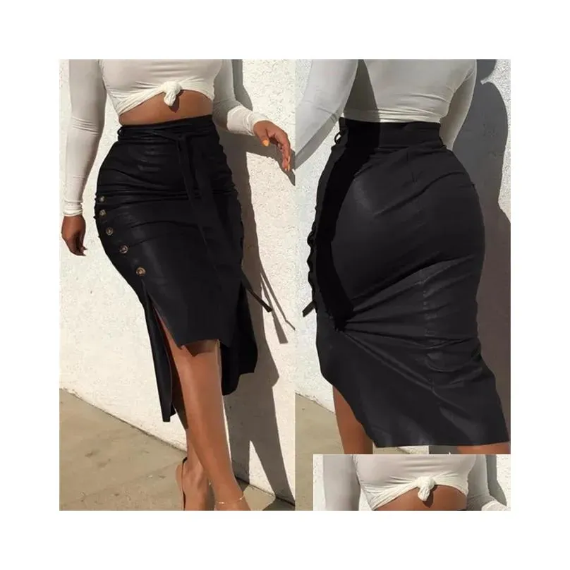 fashion women solid color high waist pu leather midi skirt lace up side button slim skinny pencil for ladies streetwear 231005