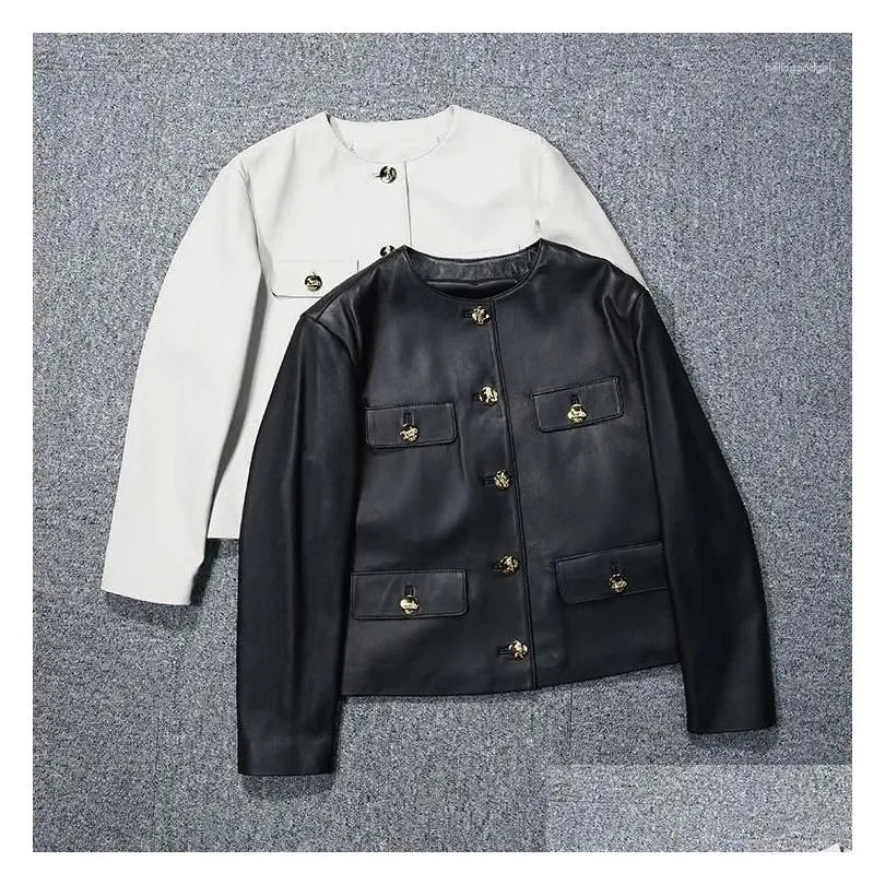 women`s leather genuine jacket for autumn and winter button large pocket casual style round neck sheepskin top