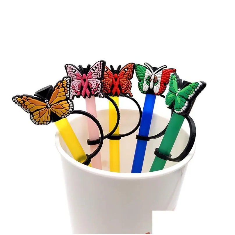 butterfly pattern soft silicone straw toppers pvc accessories charms reusable splash proof drinking dust plug decorative 8mm straw in tumbler cup party