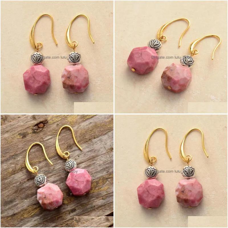 dangle earrings gorgeous women drop jewelry rhodonite lotus earring natural stones bijoux wholesale