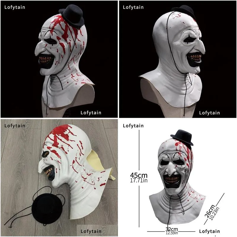 party masks lofytain horror terrifier art the clown mask cosplay creepy bloody demon evil joker hat latex helmet halloween party props