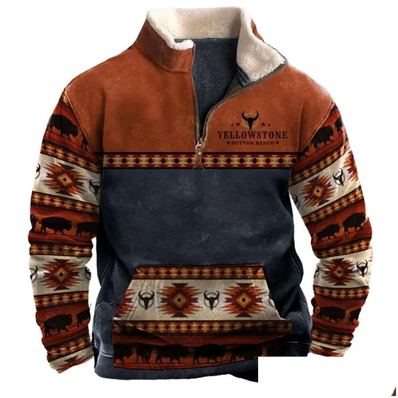 mens hoodies sweatshirts vintage pattern print wool lapel men casual loose long sleeve zipper pullover spring clothes leisure tops