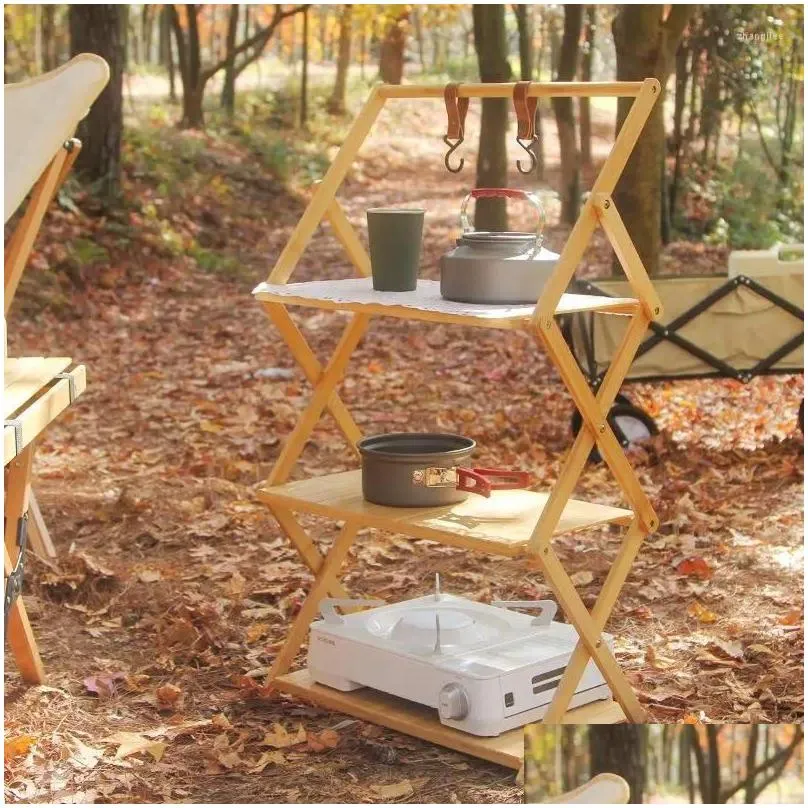 camp furniture outdoor camping bamboo shelves foldable 3-5-layer storage rack portable table flower shoe