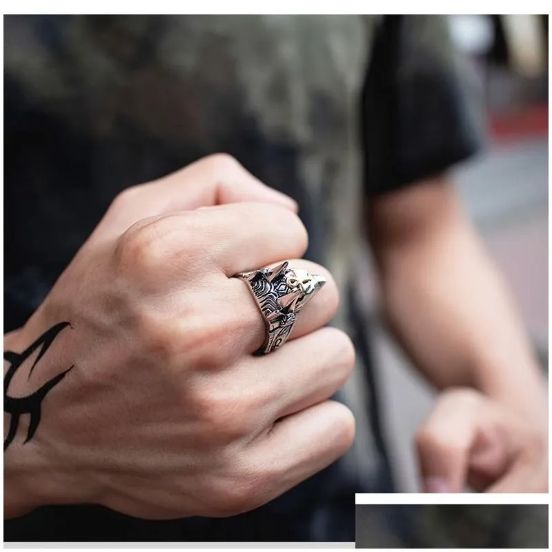 stainless steel mens retro domineering anubis egyptian cross ring game peripheral jackal head rings jewelry