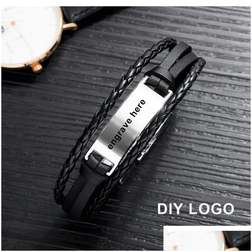 gagafeel 4 colors custom engrave bangle for men punk multilayer bracelet stainless steel pu leather bangle special gift for male