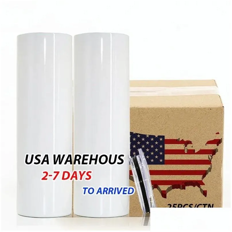 stocked 20oz sublimation tumblers straight slim blanks white car mugs insulated stainless steel with plastic lids straws car termos cups by dhs