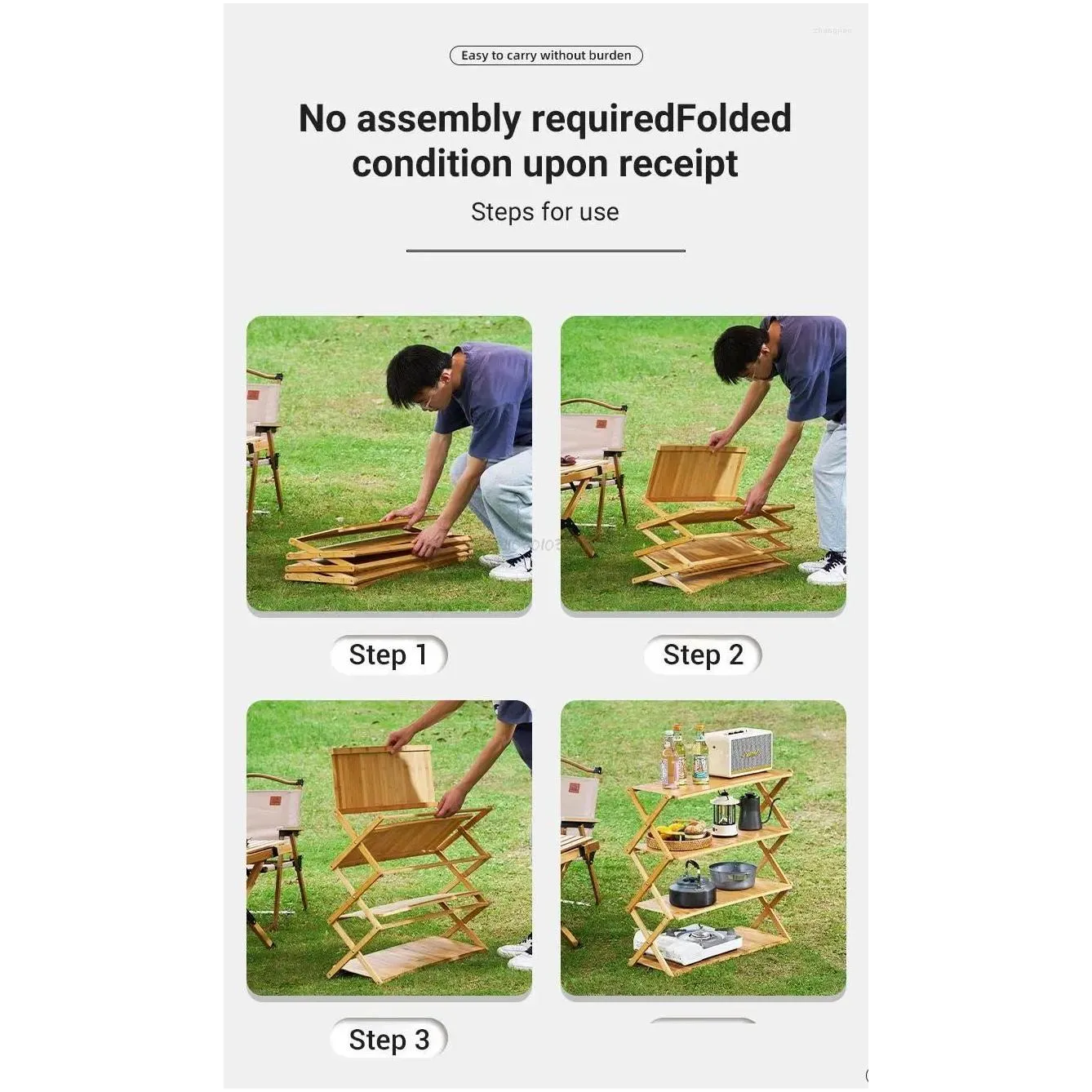 camp furniture outdoor camping bamboo shelves foldable 3-5-layer storage rack portable table flower shoe
