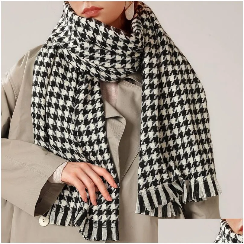 classic stylish long houndstooth scarves with tassel winter thick warm imitation cashmere plaid scarf soft vintage blanket shawl