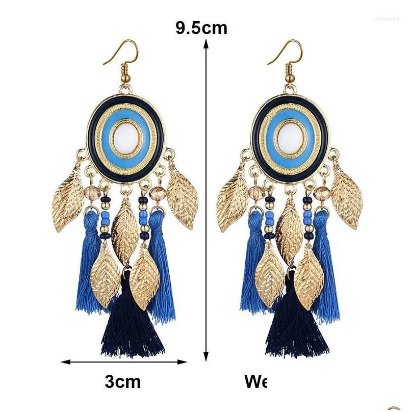 dangle earrings bohemian ethnic long metal leaf rice bead tassel oval drop glaze handmade earring female vacation party jewelry
