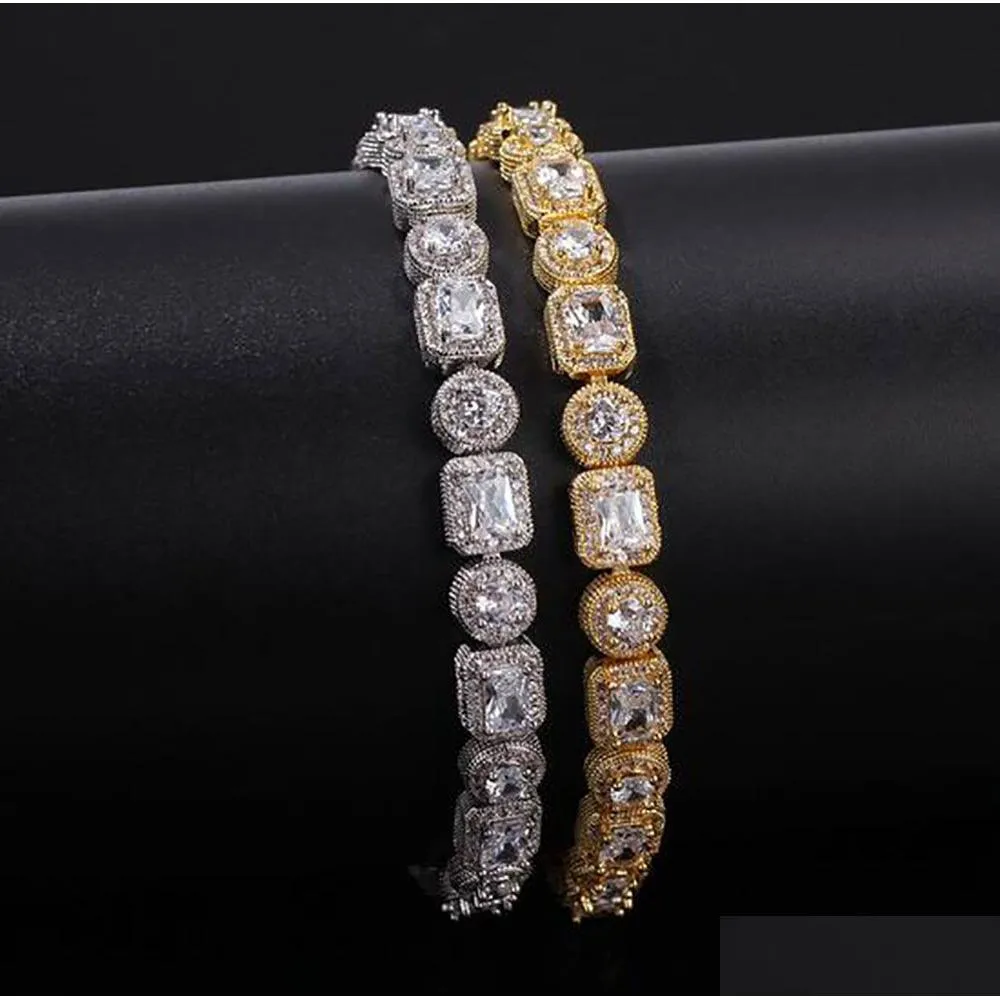 men square round mixed diamonds bracelet bling tenns bracelet gold silver 8inch 8mm simulate dimonds bangles braceles