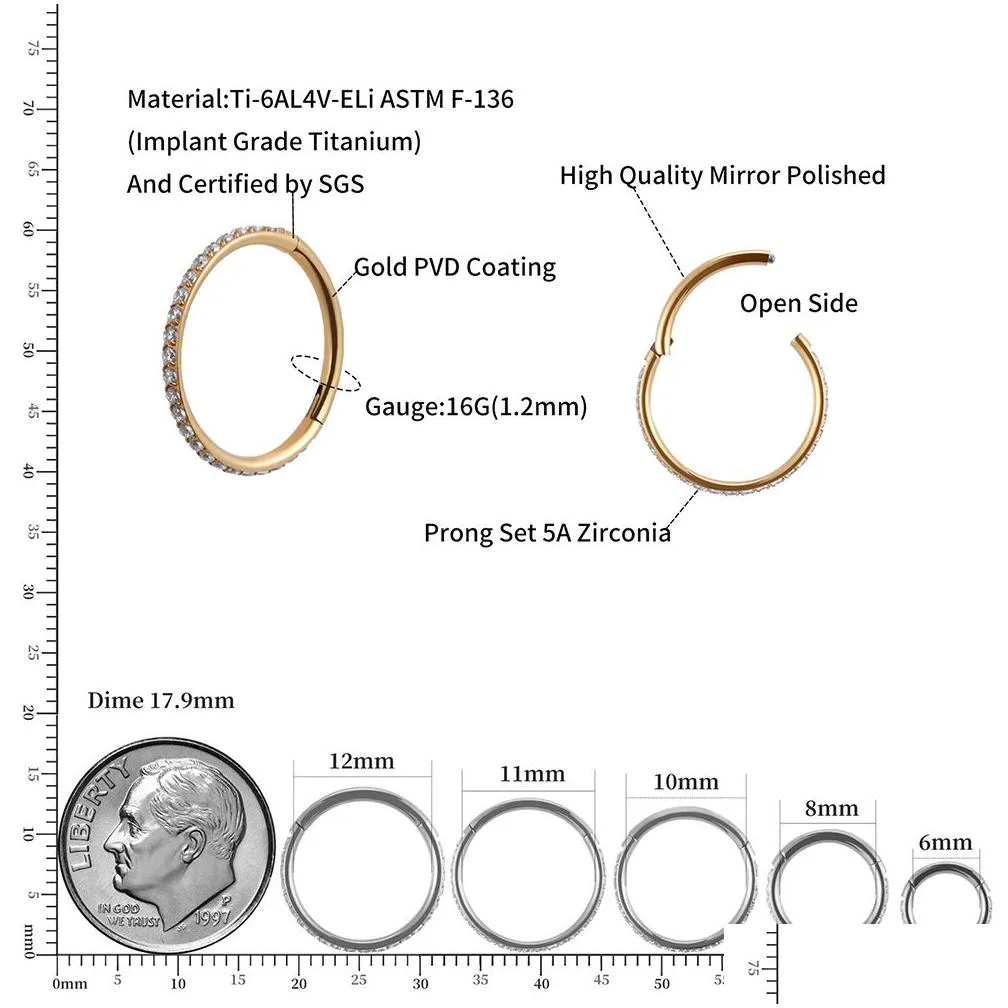 right grand g23 titanium side prong set half circle cubic zircon nose cilcker conch piercing 6/8/10/11/12mm hoops