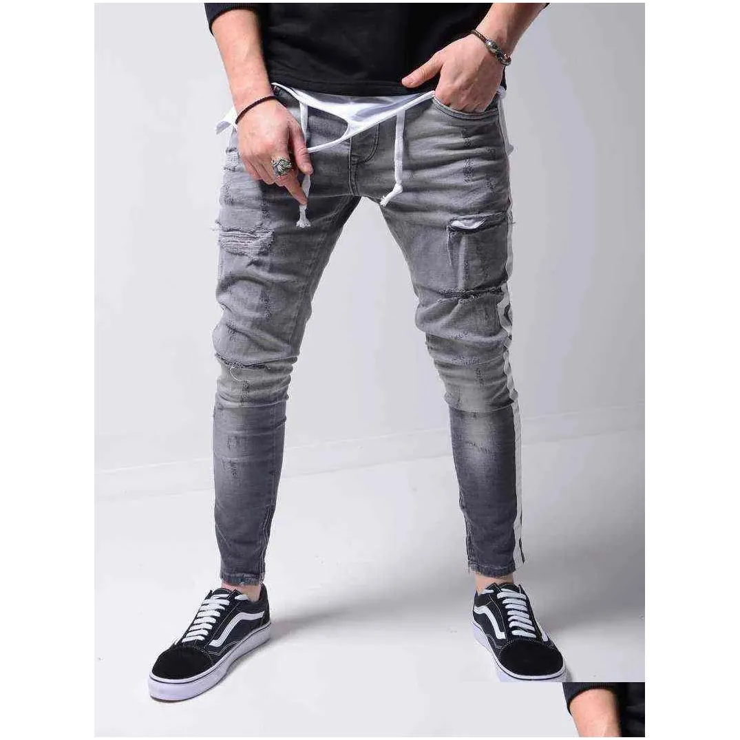 mens hip-hop high-end tight slim fit ripped jeans for men streetwear pants with hole design small feet mens jean patalon homme g0104