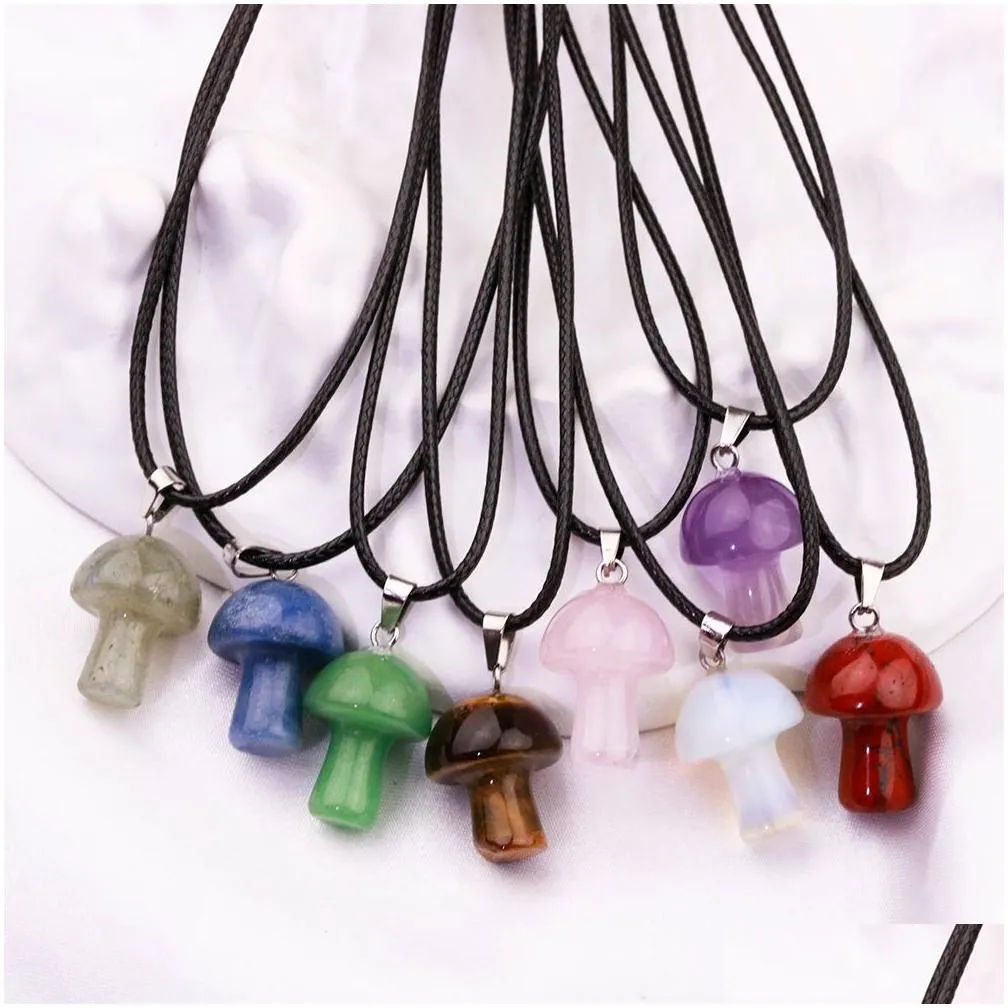 wholesale carved mushroom natural gem stone pendant quartz crystal amethyst tiger eye hand charms diy jewelry making necklace