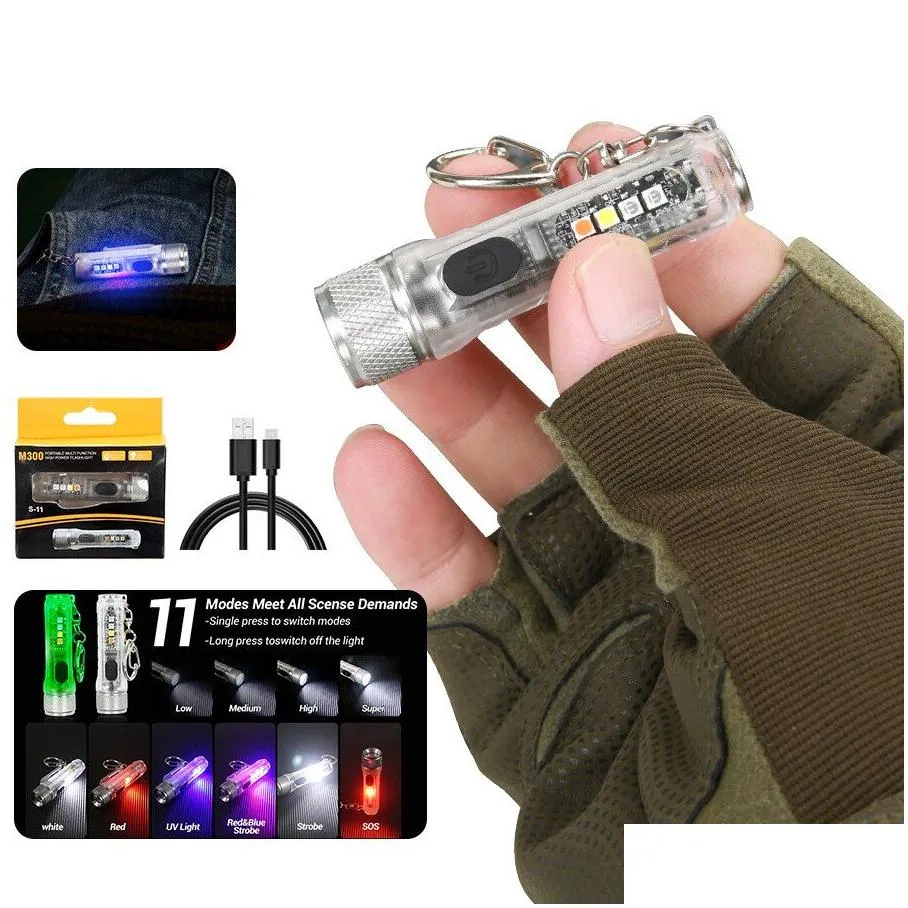 mini keychain flashlight led rechargeable torch portable magnetic usb charging flashlight high power camping long range lantern