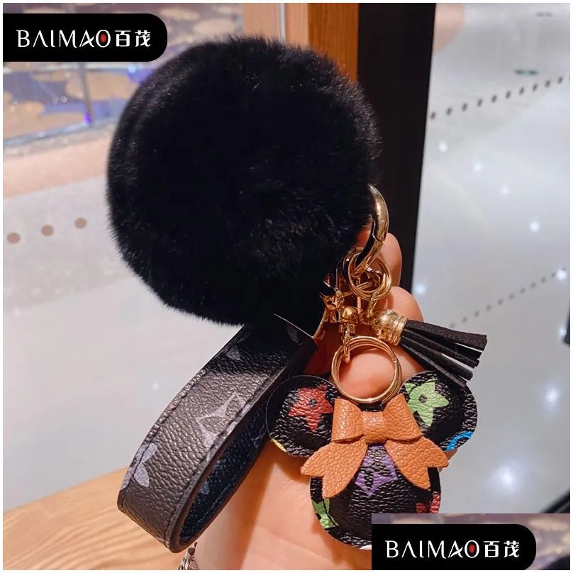 mouse design car keychain favor flower bag pendant charm jewelry keyring holder for men gift fashion pu leather animal key chain accessories pom