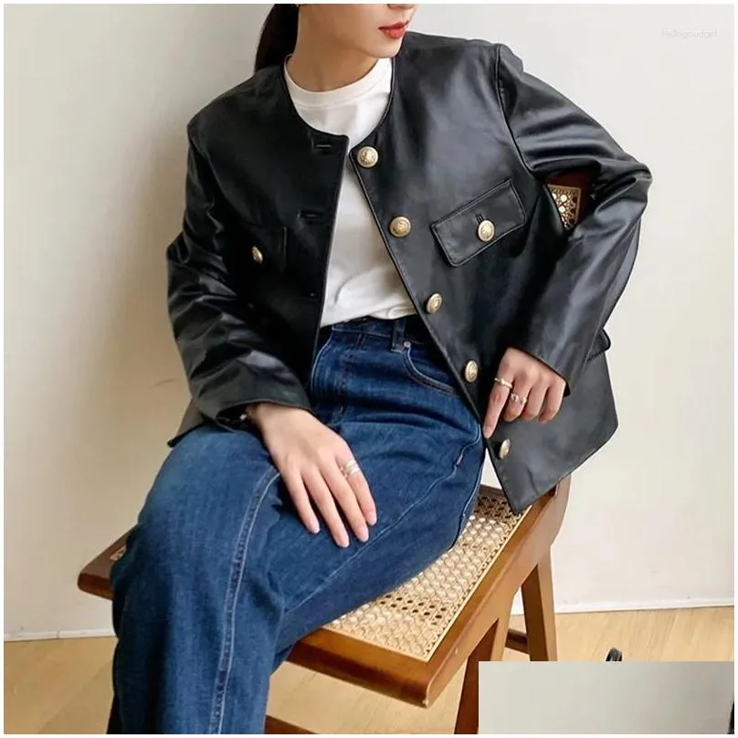 women`s leather genuine jacket for autumn and winter button large pocket casual style round neck sheepskin top