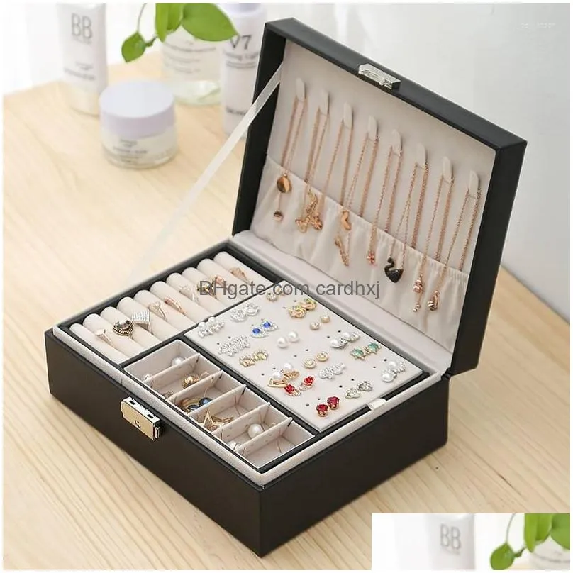 jewelry pouches 2-layers leather organizer storage box large ring earrings display holder case gift packaging