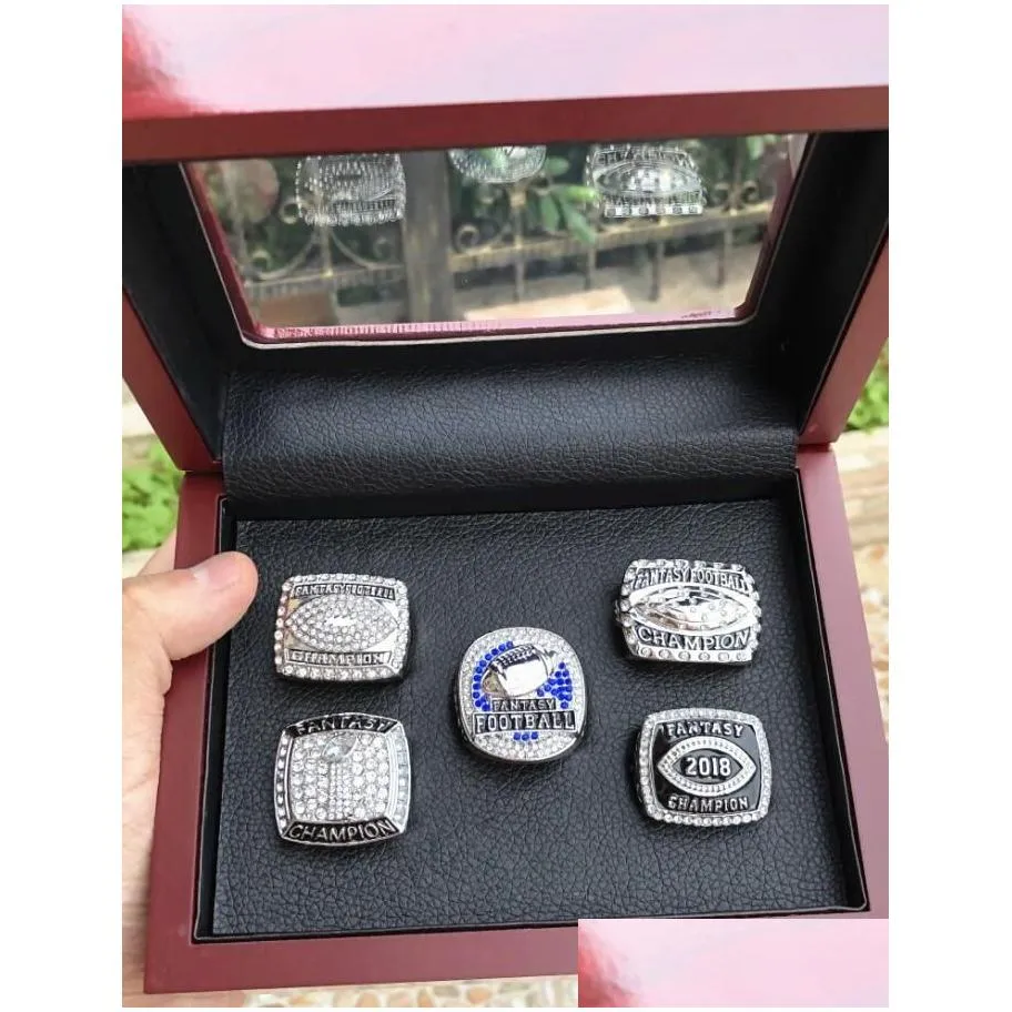 5pcs 2015 2016 2017 2018 2019 fantasy football team champions championship ring with wooden box set souvenir men fan gift 2020